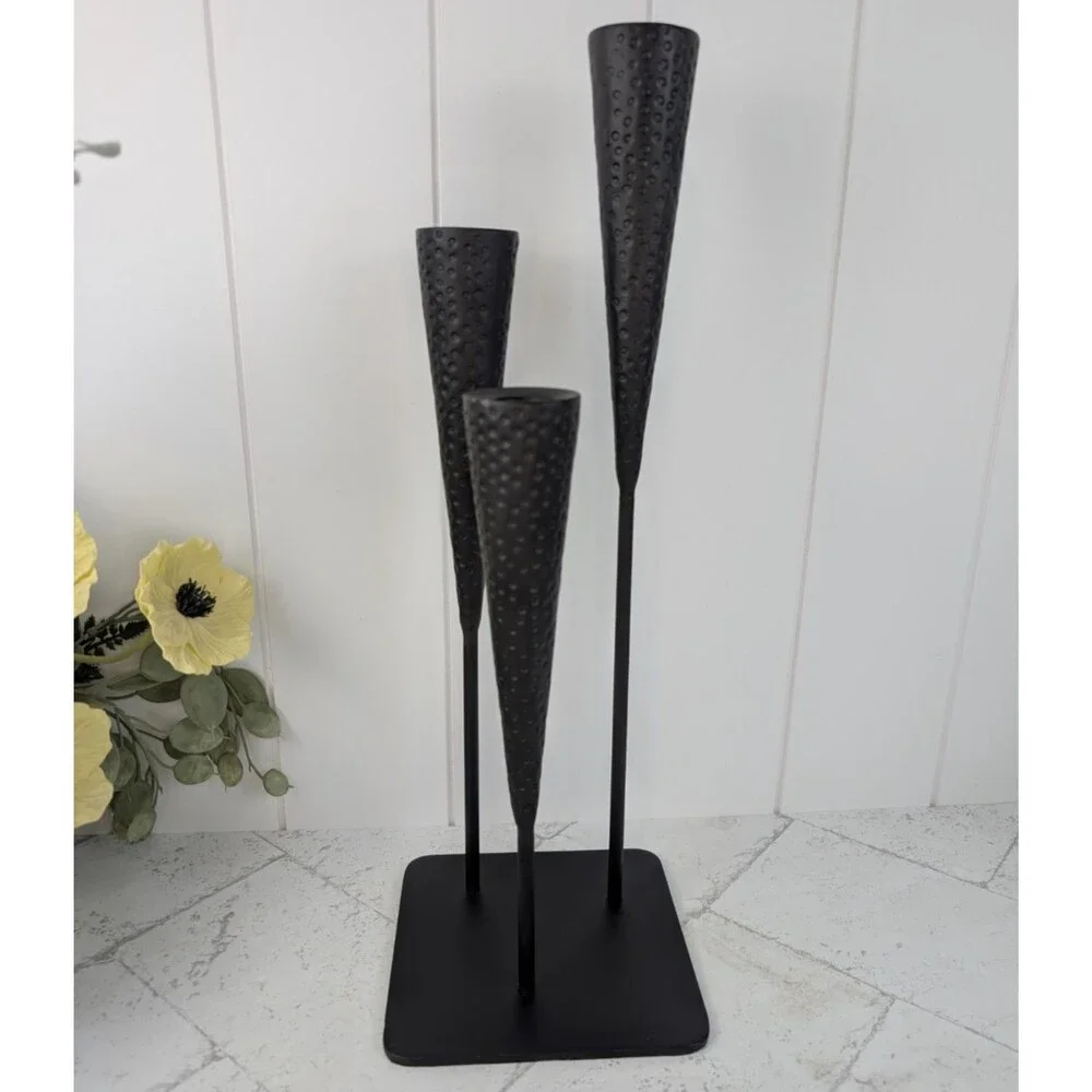 Mid-Century Modern Brutalist 3 Triple Candle Holder Candelabra Dimpled Metal 18”